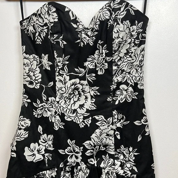 VINTAGE strapless dress/gown black and white floral print size 10 - Picture 2 of 6